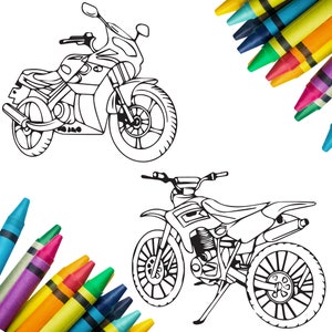May include: Two black and white motorcycle line drawings are featured on a white background. One is a sport bike, the other a dirt bike. Colorful crayons in various colors are in the corners.