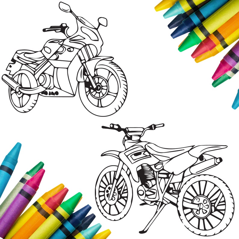 May include: Two black and white motorcycle line drawings are featured on a white background. One is a sport bike, the other a dirt bike. Colorful crayons in various colors are in the corners.