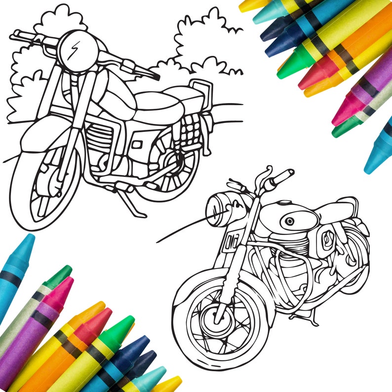 May include: Two black and white motorcycle line drawings on a white background, ready for coloring. Crayons in various colors, including blue, green, yellow, orange, red, and purple, are arranged around the motorcycles.