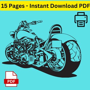 May include: A teal and black motorcycle illustration with the text "15 Pages - Instant Download PDF" at the top. The image includes a printer icon and a PDF icon. The motorcycle is detailed with a large rear tire and a detailed engine.