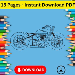 May include: Line drawing of a Royal Enfield motorcycle on a blue background. The motorcycle is black and white with the words "Royal Enfield" on the gas tank. The image includes the text "15 Pages - Instant Download PDF" and a red "Download" button.