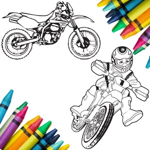 May include: Black and white line drawings of a dirt bike and a rider on a dirt bike. Crayons in various colors are in the corners of the image.