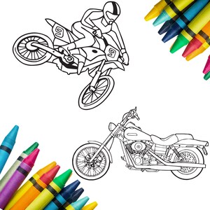 May include: Black and white line drawings of a motocross bike with a rider and a cruiser motorcycle. Colorful crayons in various colors are in the corners of the image. The image is suitable for coloring books or art projects.