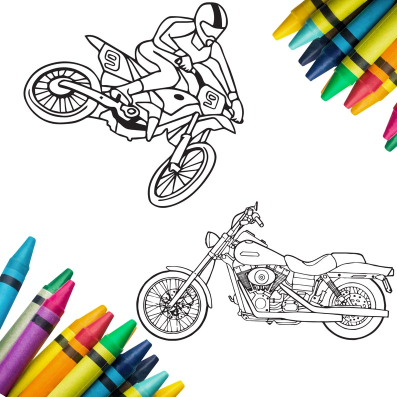 May include: Black and white line drawings of a motocross bike with a rider and a cruiser motorcycle. Colorful crayons in various colors are in the corners of the image. The image is suitable for coloring books or art projects.