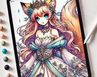 Fantasy Anime Princess Girl Coloring Book | 20 Grayscale Pages with Cover | Digital Download | Printable Adult & Teen Coloring