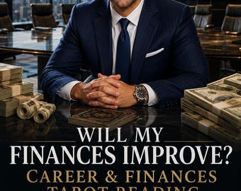 May include: An advertisement for a tarot reading service. A man in a suit and glasses sits at a table with stacks of money. Text reads "WILL MY FINANCES IMPROVE? CAREER & FINANCES TAROT READING". Additional text includes "24 HOUR DELIVERY" and "HONEST GUIDANCE".