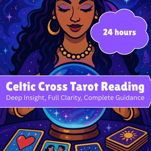May include: An illustration of a fortune teller with a crystal ball and tarot cards. The image includes the text "Celtic Cross Tarot Reading" and "24 hours". The cards display the words "Love" and "Career". The color scheme is purple, blue, and gold.