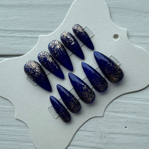 Medium Stiletto Press on Nails - Navy Blue with Gold Glitter - Ready To Ship