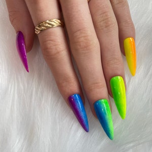 Press on Nails, Long Stiletto Nails, Ombre Rainbow Nails, false Nails