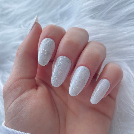 Beautiful Almond Long White Nails with Gemstone  White and silver nails, Silver  nails, Silver acrylic nails
