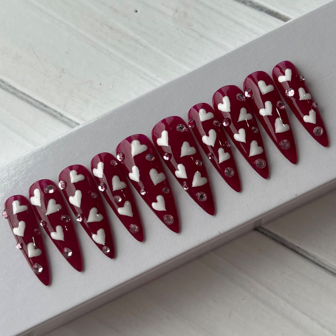 Press on Nails Long Stiletto Nails Red With Hearts and - Etsy