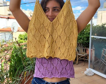 Top de encaje de punto, top de algodón corto con hojas