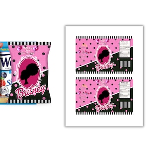 May include: Pink and black party favor bags with a silhouette of a woman's head and the text "Happy 5th Birthday" and "Britney".