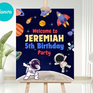 Letrero de bienvenida de cumpleaños del espacio exterior / Linda decoración de fiesta de astronauta de Canva, plantilla de fácil edición para niños y niñas imprimible, descarga instantánea