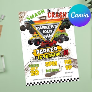 Monster Truck Birthday Invitation Template,Monster Jam, Party Invite, Digital download (Canva Editable)