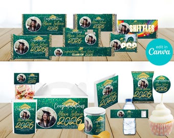 Emerald Green Graduation Party Favor Bundle: Editable Canva Template (Digital Download)