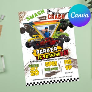 May include: A birthday party invitation featuring monster trucks, a photo of a child, and the text SMASH AND CRASH, PARKER IS TURNING 10, JULY 20, 5PM UNTIL SEVEN, WEAR YOUR FAVORITE SPORTY OUTFIT, RS VP 832.456.987, AND SMITH'S BACKYARD, 123 ANYWHERE ST.