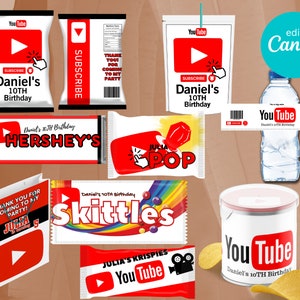 Social Media Party Pack druckbar, Gastgeschenk Tasche, Wasserflaschenetikett, Videoparty, digital druckbares Design