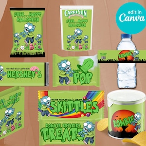 9 Zombie Party Bundle Gift Bags, Chip Bags, Capri Sun, Rice Krispie,Hershey,Pringless,water bottle,Skittles,Ring pop
