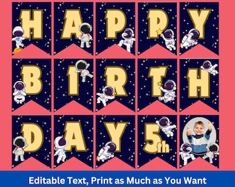 Astronaut Birthday Banner Flags: Outer Space Party Decor (Canva Template - Digital Download),