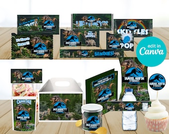 Jurassic Party Pack, Favor Bag, Chip Bag, Water Bottle Label (Canva Template)