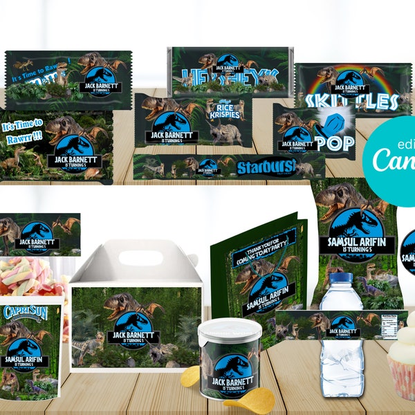 Jurassic Party Pack, Favor Bag, Chip Bag, Water Bottle Label (Canva Template)