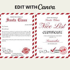 carta de santa claus, CERTIFICADO DE LISTA AGRADABLE editable