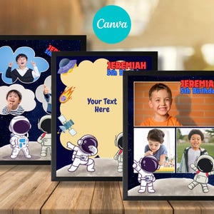Collage de fotos personalizado con letrero de cumpleaños del espacio exterior / Linda decoración de fiesta de astronauta de Canva, plantilla de fácil edición para niños y niñas imprimible.