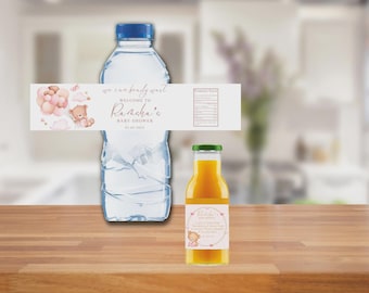 Teddy Bear Baby Shower Water Bottle Label: canva editable, Printable Party Favor