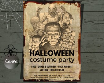 May include: Vintage-style Halloween party invitation with a black and white illustration of various classic horror movie monsters. The text reads "HALLOWEEN costume party" with details about the event, including food, games, prizes, and contact information.