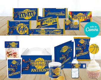 Basketball Party Pack Printables, Favor Bag, Chip Bag, Water Bottle Label (Canva Template)