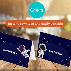 Letrero con etiqueta de comida del espacio exterior / Decoración de fiesta linda con astronauta de Canva, plantilla de fácil edición para niños y niñas imprimible, descarga instantánea