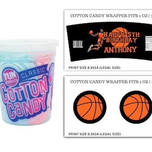 Puede incluir: Un recipiente de algodón de azúcar clásico en azul y rosa, con el texto "FUN sweets CLASSIC COTTON CANDY". También se muestran dos envoltorios con temática de baloncesto. Un envoltorio dice "HAPPY 5TH BIRTHDAY ANTHONY" y el otro tiene dos balones de baloncesto.