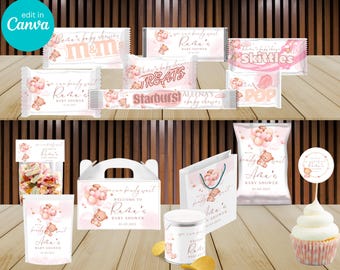 Pink Bear Baby Shower Labels: Canva Editable Party Decorations (PDF Download)