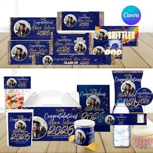 Bearbeitbares Abschlussfeierbevorzugungspaket Canva Template Bundle, Klasse von 2026