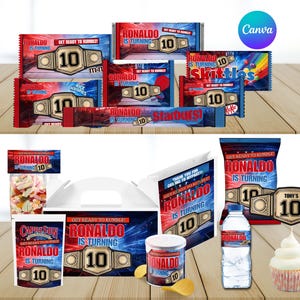 May include: A selection of party items with a wrestling theme, including sweets, a water bottle, a cupcake, and a gift bag. Each item displays the text "Ronaldo is Turning 10" and a championship belt design.