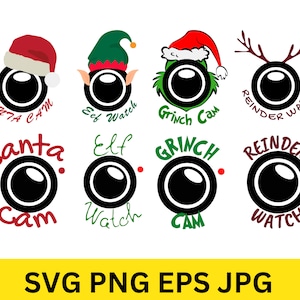 May include: A collection of Christmas-themed camera designs. Each design features a black camera lens with festive elements like a Santa hat, elf ears, Grinch face, and reindeer antlers. Text includes "Santa Cam," "Elf Watch," "Grinch Cam," and "Reindeer Watch."