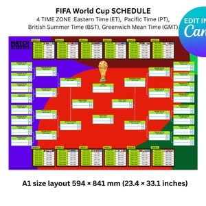 Descarga digital del gráfico mural de la Copa Mundial de la FIFA 2026, calendario completo y diagrama de flujo (plantilla de Canva)