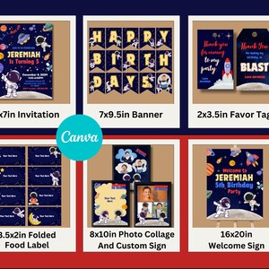 Paquete de 6 artículos de decoración para fiesta de cumpleaños del espacio exterior / Canva Astronaut Lindo, pancarta de invitación, plantilla de fácil edición para niños y niñas.