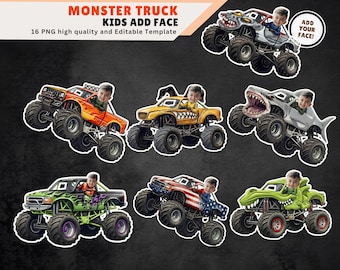 Monster Truck Clipart, Kids Add Face Canva Template, Birthday Party Toppers (Digital Download)
