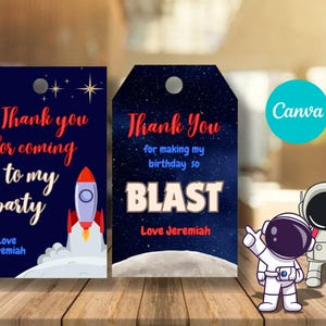 Etiquetas de agradecimiento para cumpleaños con temática del espacio exterior. Linda decoración de fiesta con astronautas de Canva. Plantilla fácil de editar para niños y niñas. Imprimible