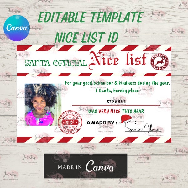 Santa Nice List id card Editable