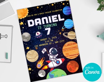 Astronaut Outer Space Birthday Invitation Template,Printable Galaxy Blast Off Invitation,Canva Editable, Planets Rocket Ship Invite