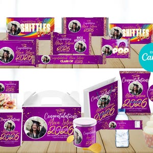 Lila & Gold Graduation Party Favor Bundle, bearbeitbare Canva Vorlage (digitaler Download)