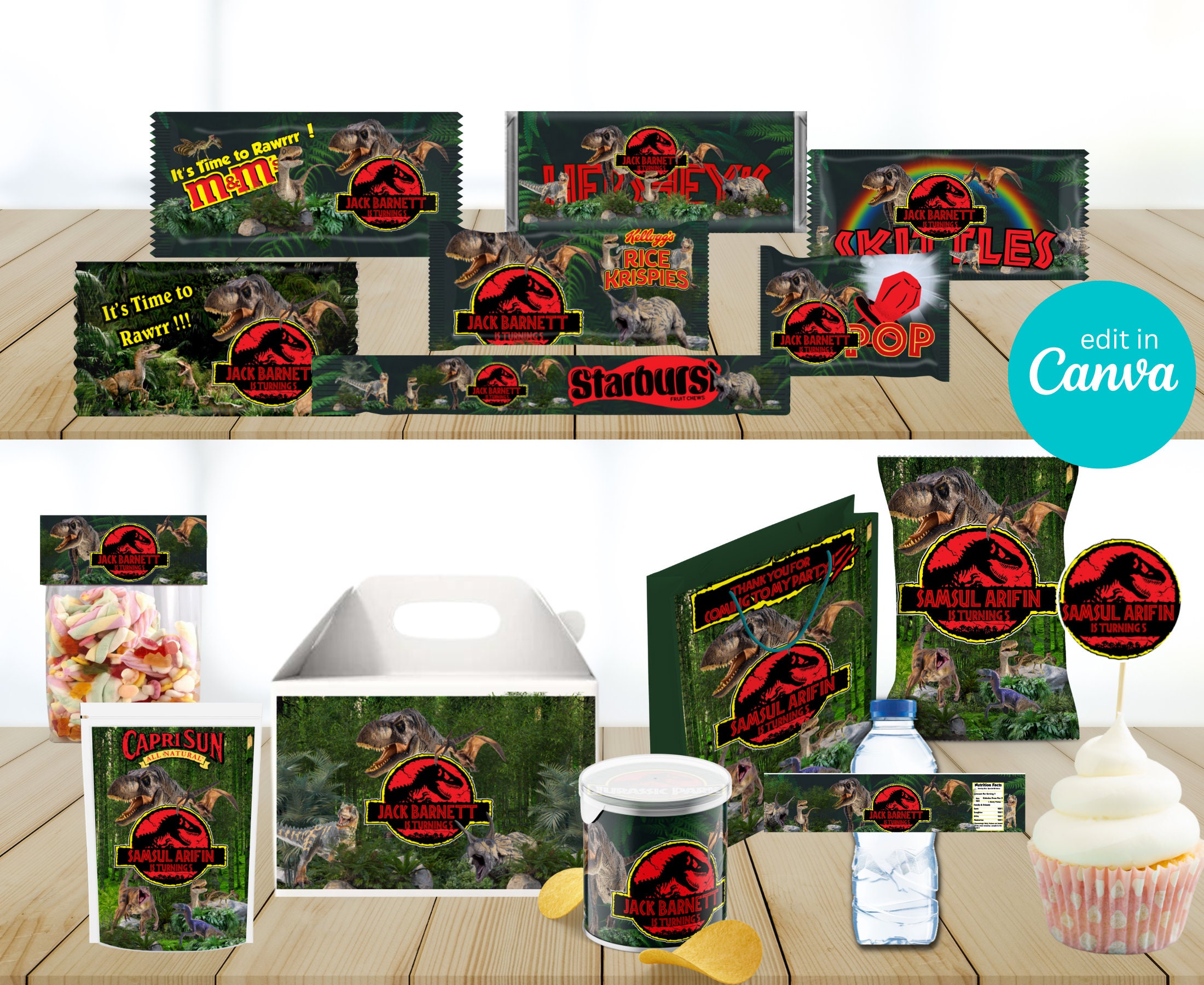 15 jurassic Party Pack printable, Favor Bag,chip bag, water bottle label, Video party, Digital Printable Design,Canva template