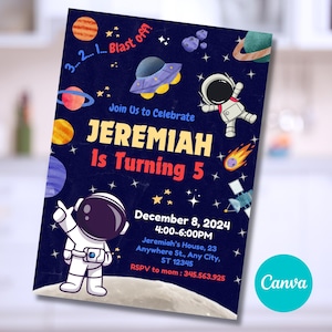 Invitación de cumpleaños del espacio exterior / Linda decoración de fiesta de astronauta de Canva, plantilla de fácil edición para niños y niñas imprimible, descarga instantánea