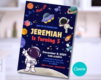 Outer Space Birthday Invitation: Astronaut Party, Canva Template (Digital Download)