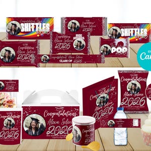 Graduation Party Favor Bundle, maroon silver, Class of 2026 (Canva Template, Digital Download)