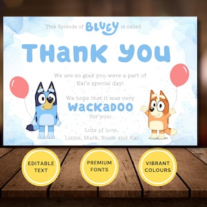 Bluey Thank You Birthday Card - Customizable - Instant Download and Editable