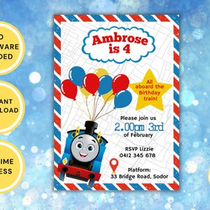 Invito di compleanno a tema Thomas the Tank Engine: festa in treno, modello modificabile (download digitale, 5 x 7 pollici, Canva Edit)